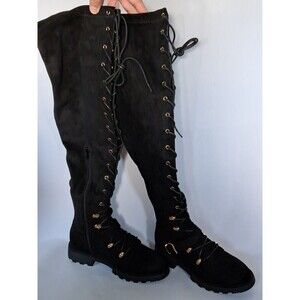 JustFab Phyllida Flat Black Over the Knee Lace Up Boots Women's Size 7 NEW NIB
